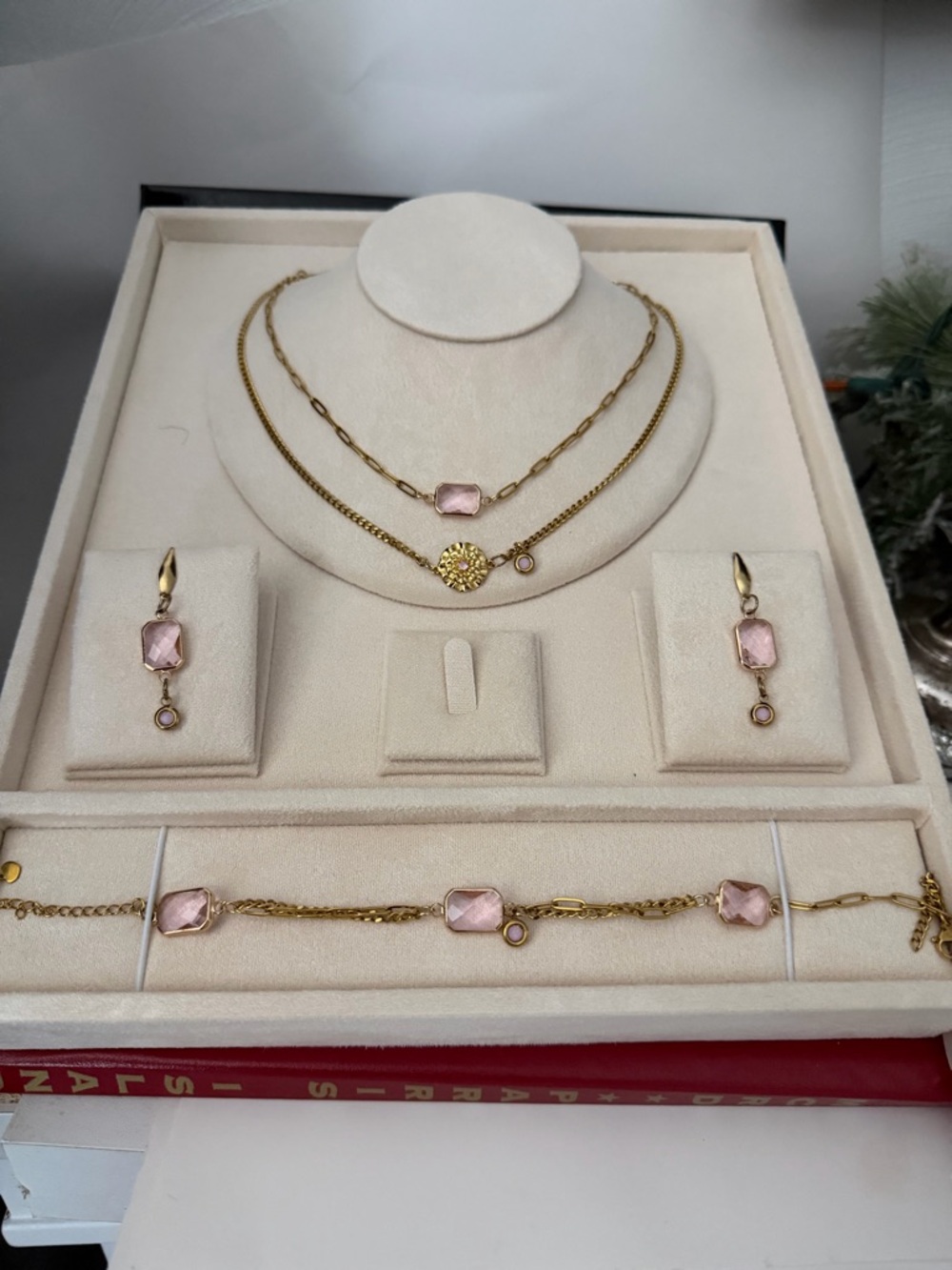 October Birth Month Pink 18k gold PVD Jewelry Set
